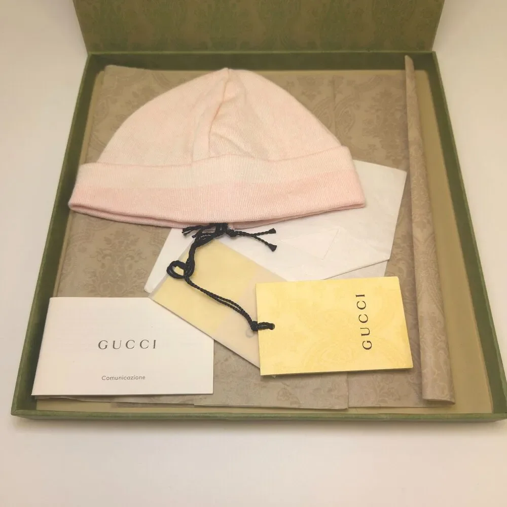 Gucci Baby GG Wool Beanie Pink White Size L 50 16cm Italy Box Tags